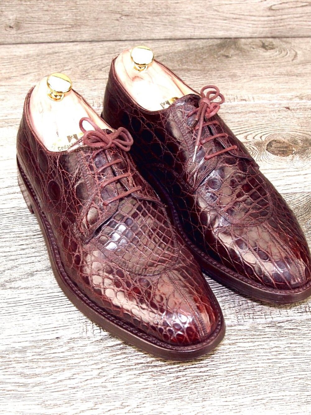 Mens Burgundy Crocodile-Print Leather Dress Oxfords